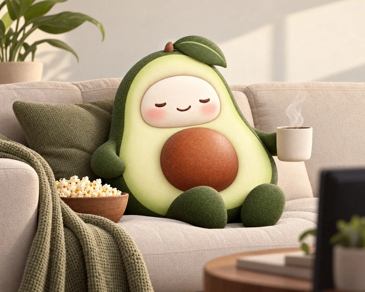 The $AVOCADO mascot relaxing on a sofa with a cup of coffee and a bowl of popcorn